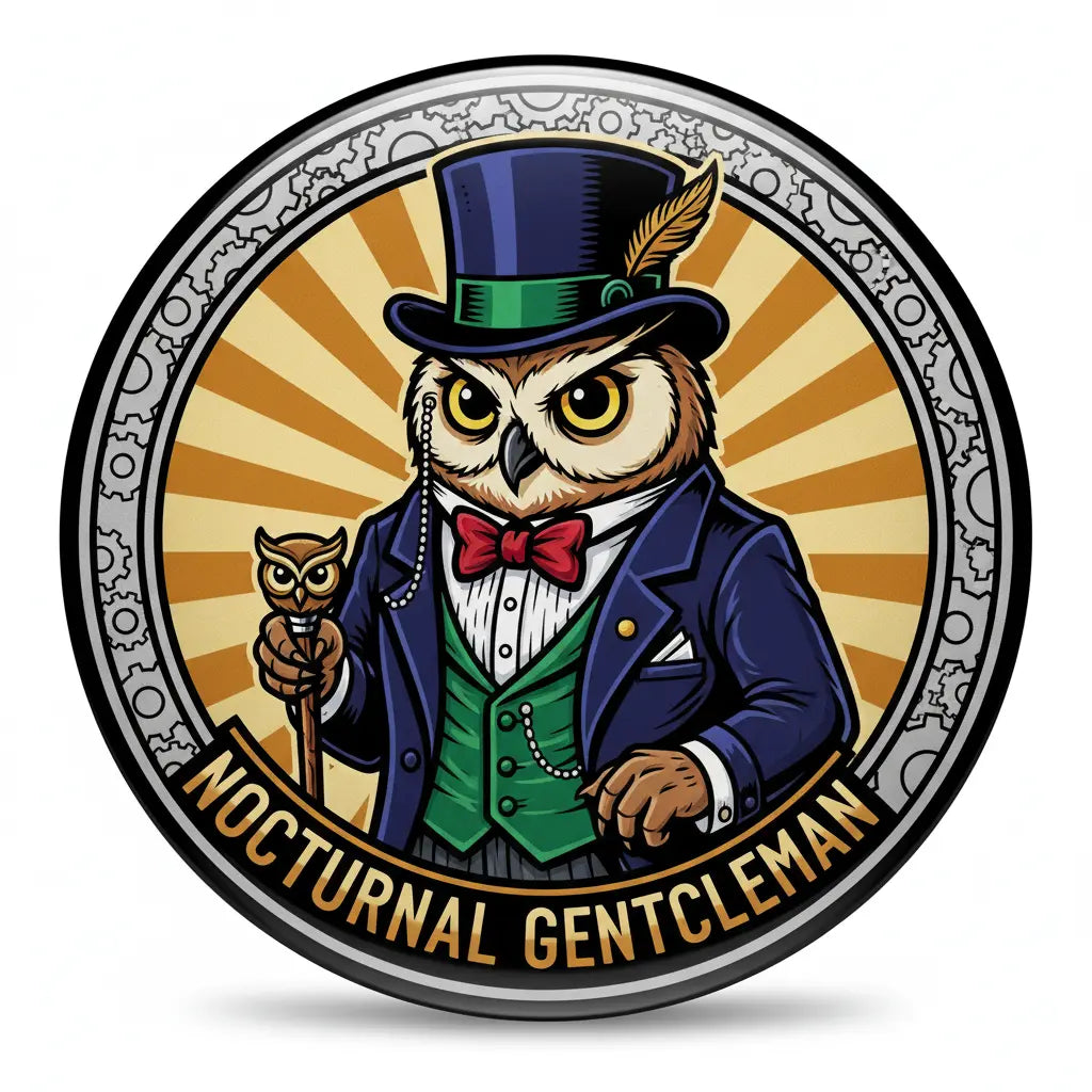 2.25-inch round owl pinback button, nocturnal gentleman design with hat and bow tie