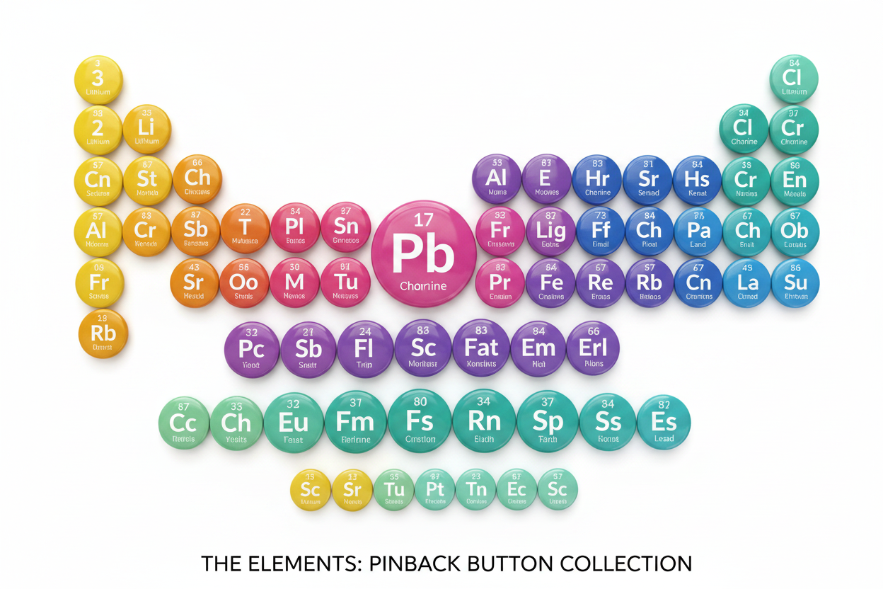 Periodic table fridge magnet set arranged in grid of colored circular element button magnets