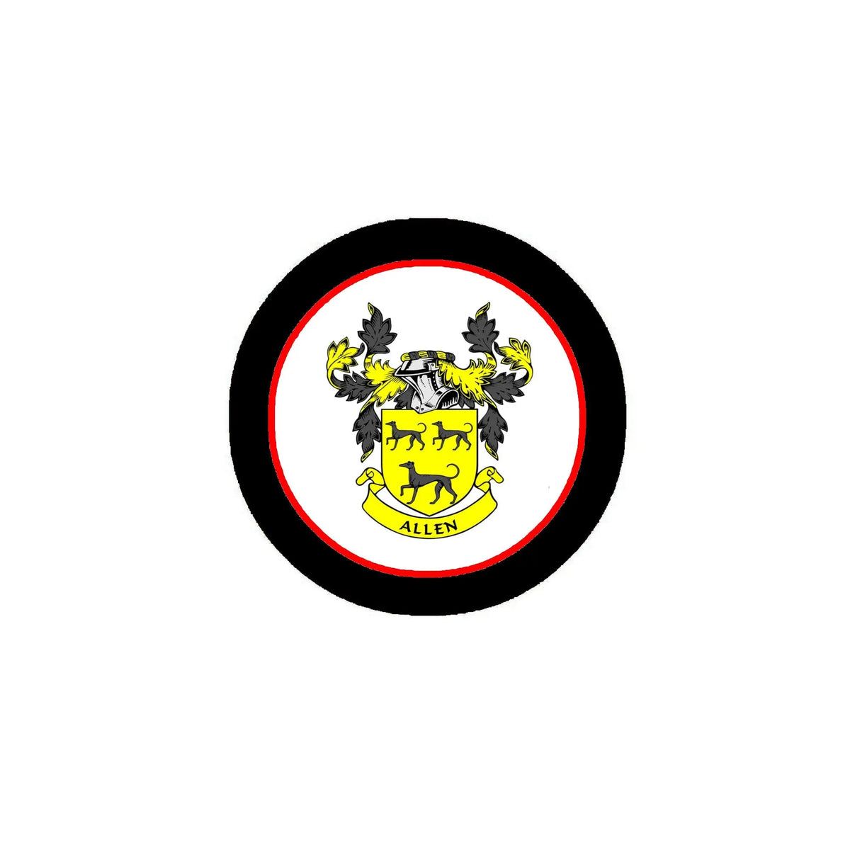 Allen family crest coat arms circular magnet, black ring with red border