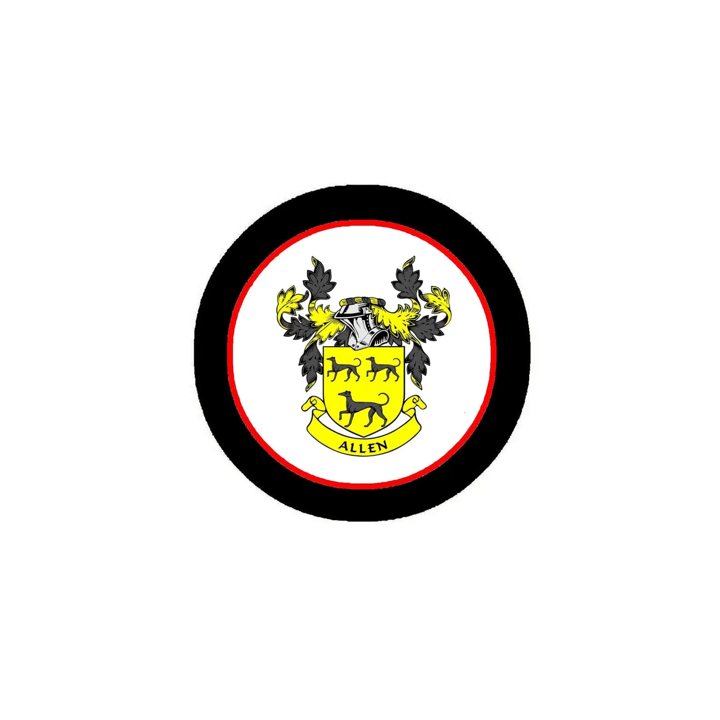 Round coat of arms pinback with black rim and Allen crest