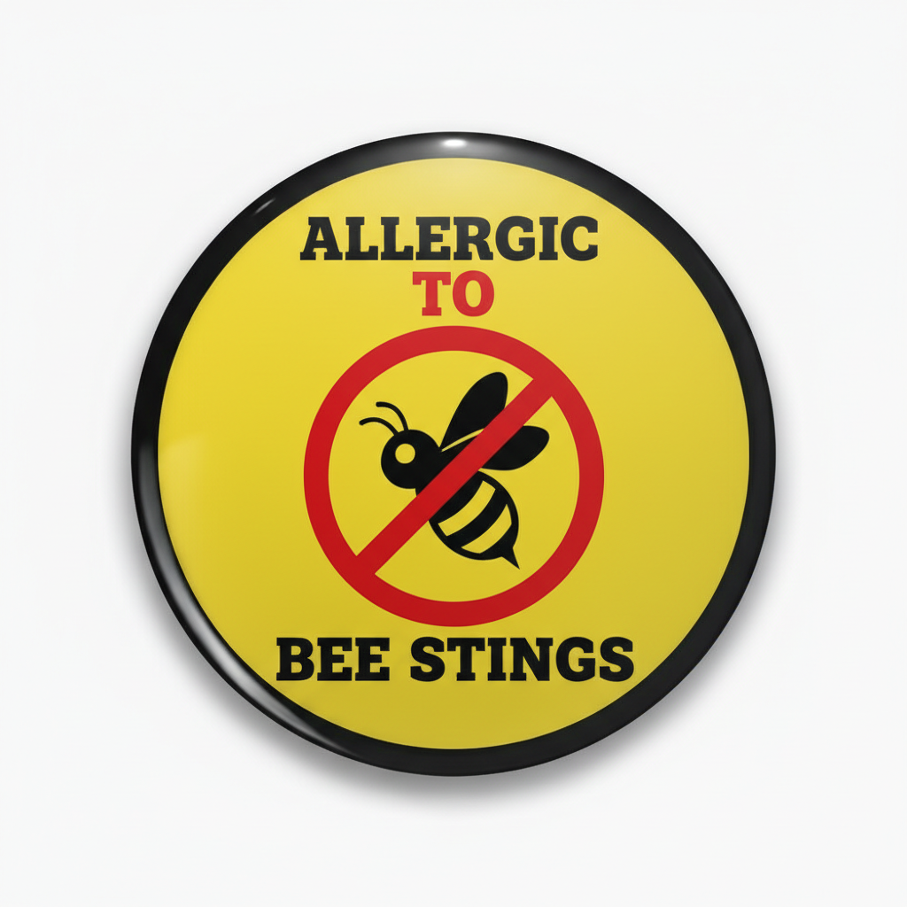 2.25-inch pinback button with yellow bee-sting allergy text and crossed-out bee icon