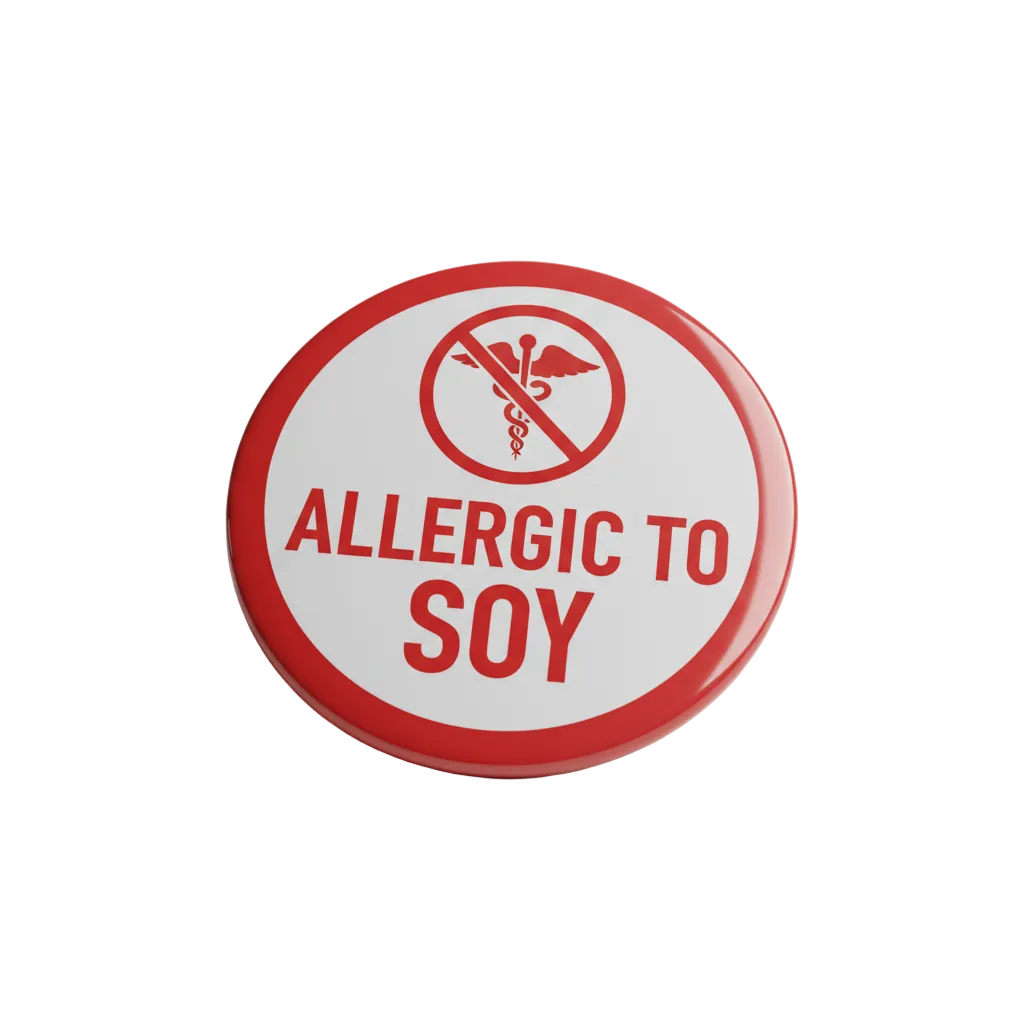 A round white button pin with a red border, featuring a red 'no' symbol over a caduceus icon and the text 'ALLERGIC TO SOY' in red, shown on a light gray background.