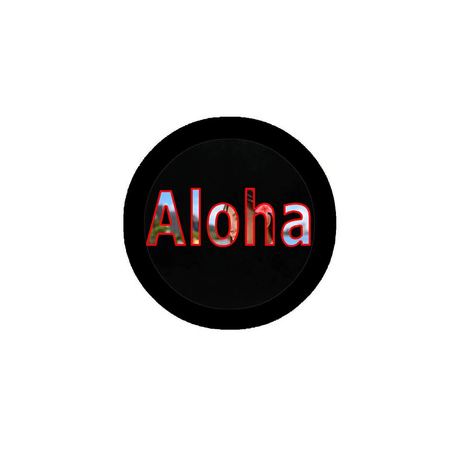 Black circular pinback button with multicolor 'Aloha' text