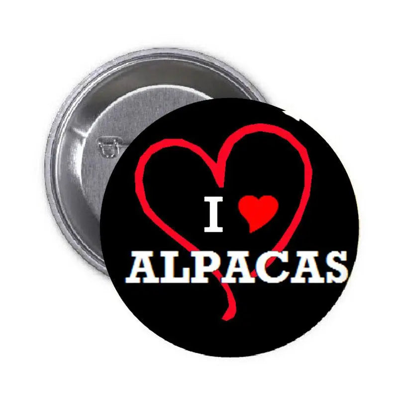 1.25-inch alpacas pinback badge: black with red heart and 'ALPACAS' lettering