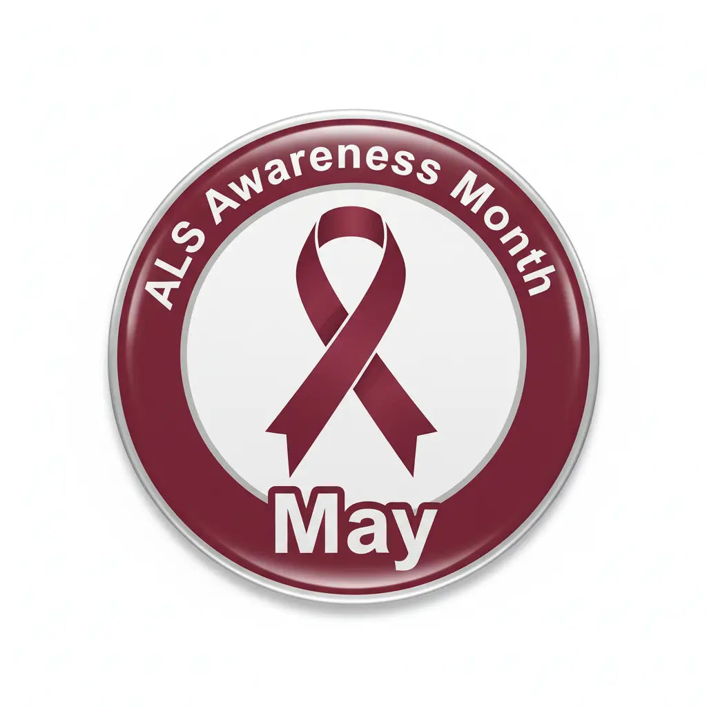 Circular maroon ALS awareness month pin with May text and ribbon graphic