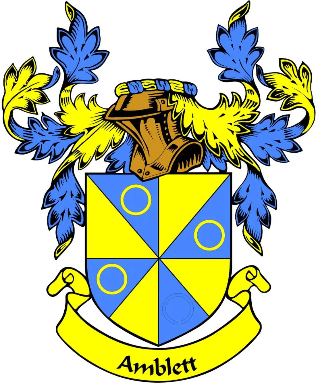 3-inch family crest arms magnet with blue and yellow shield and Amblett banner