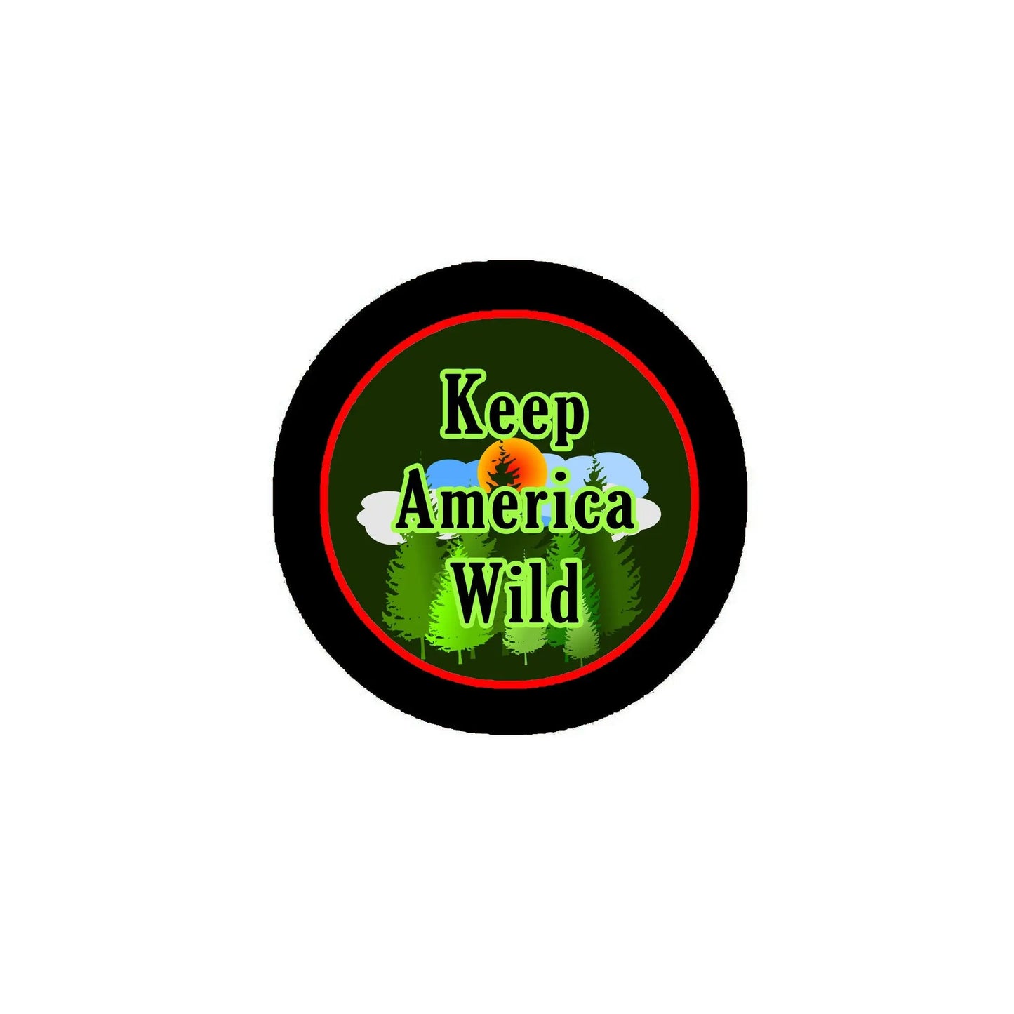 Round pinback button with black rim, red outline, and Keep America Wild nature text