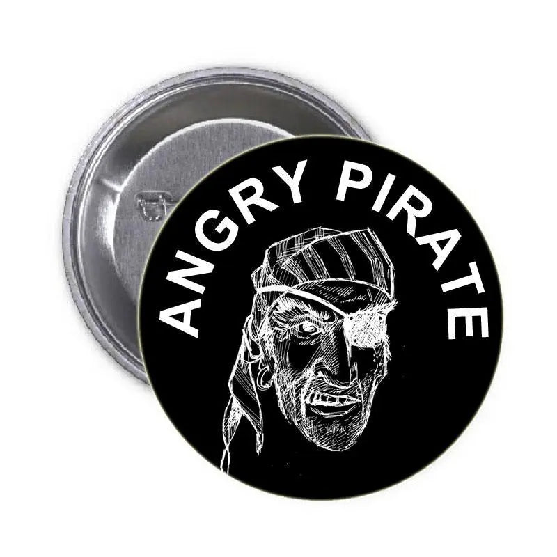 Round 1.25-inch pirate pinback button, black with angry skull face and white lettering