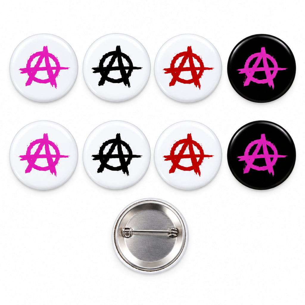Set of 8 round anarchy symbol magnets, purple, black, and red with black backs
