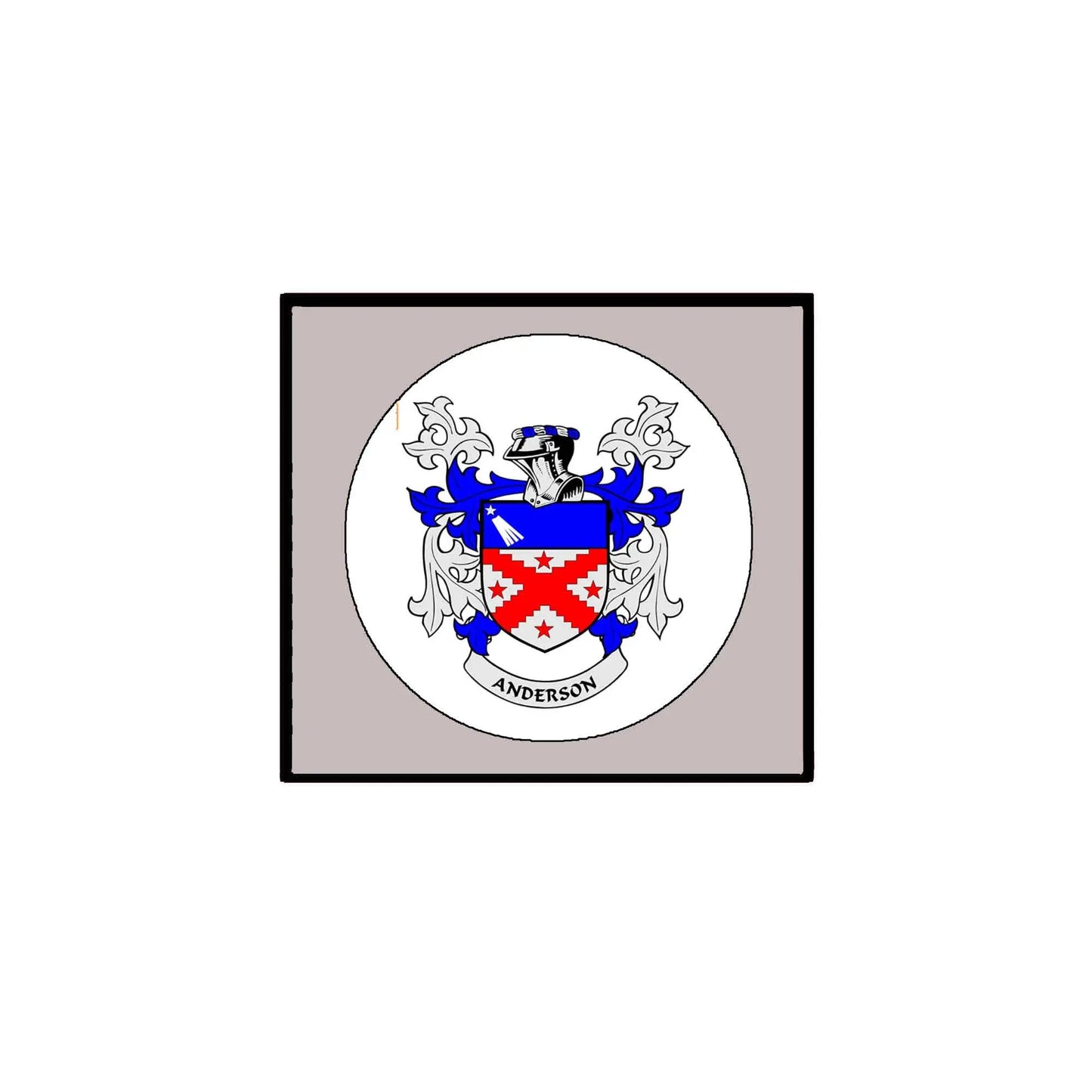 Square family crest magnet with circular blue, red, and white coat-of-arms design