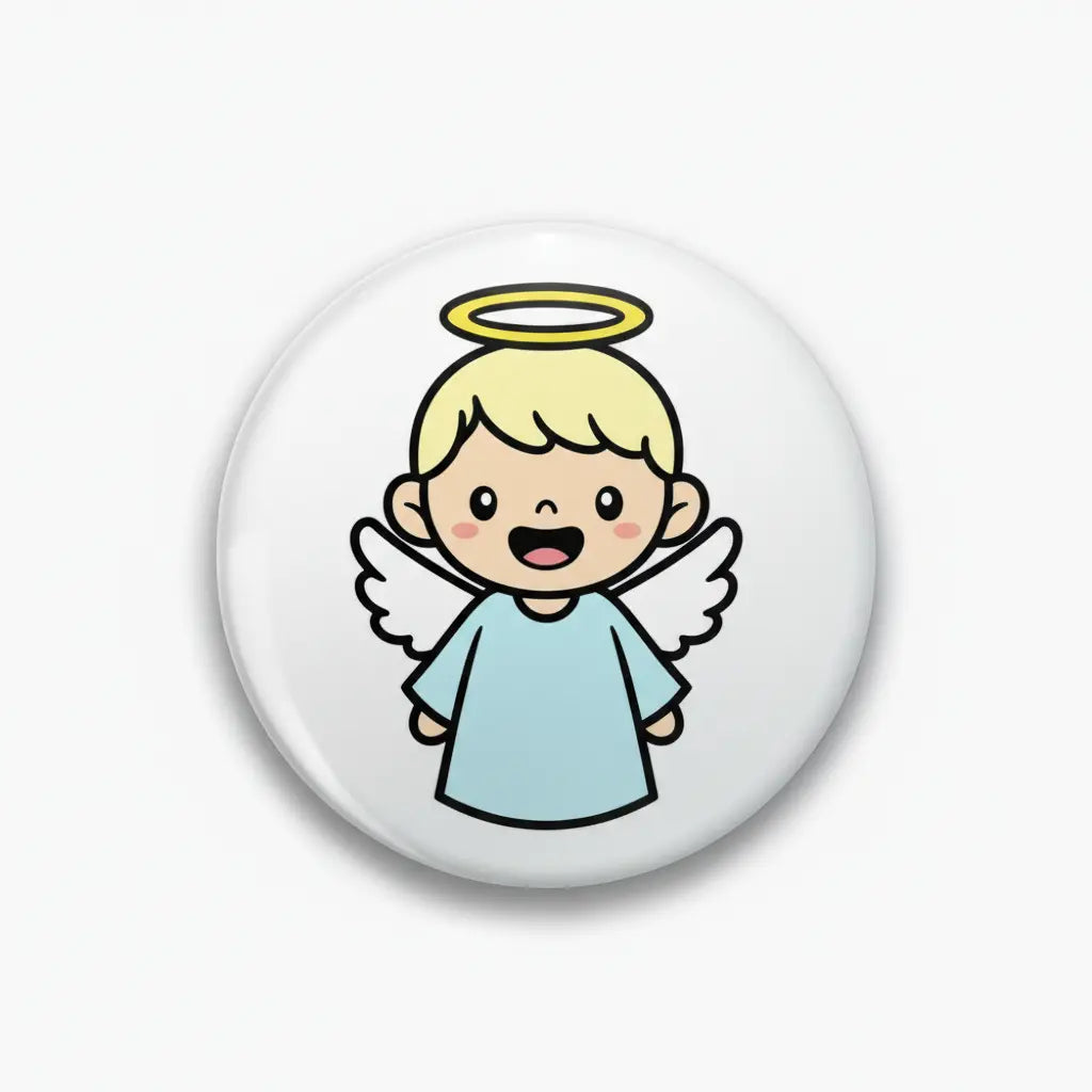 2.25-inch round angel pinback with a smiling cartoon cherub and wings on white