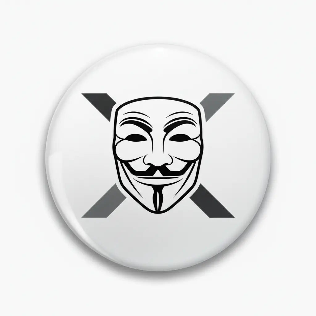 2.25-inch circular pinback button with Guy Fawkes mask graphic and crossed shapes