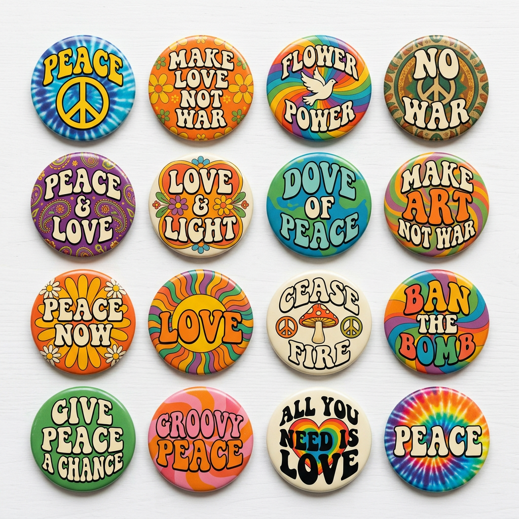 Anti War Hippie Collection Pin Button 1.25-inch 16 Pcs
