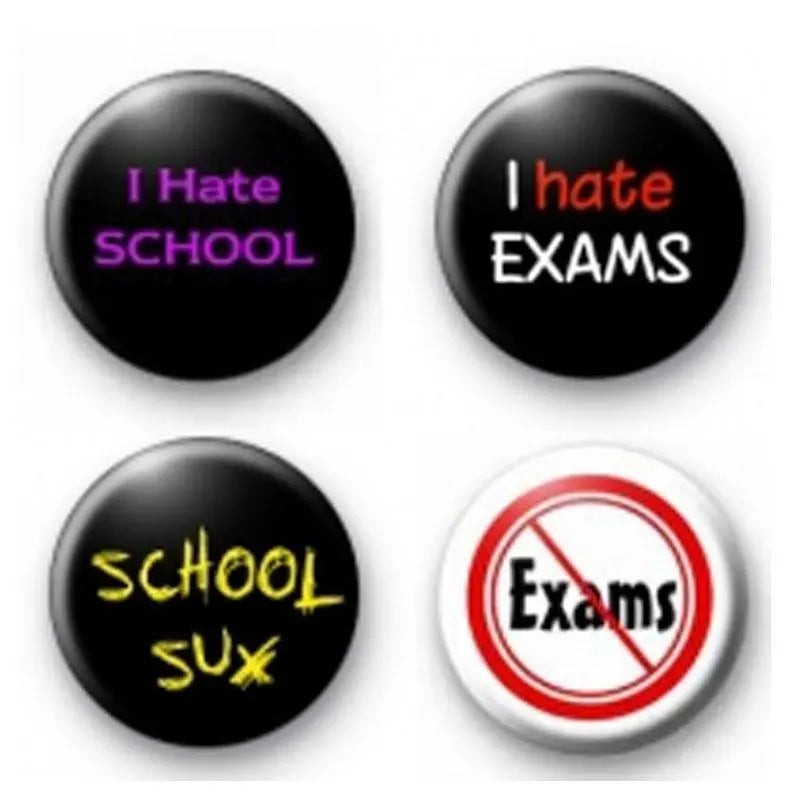 Round pinback button set (4), black/white with school & exam slogans