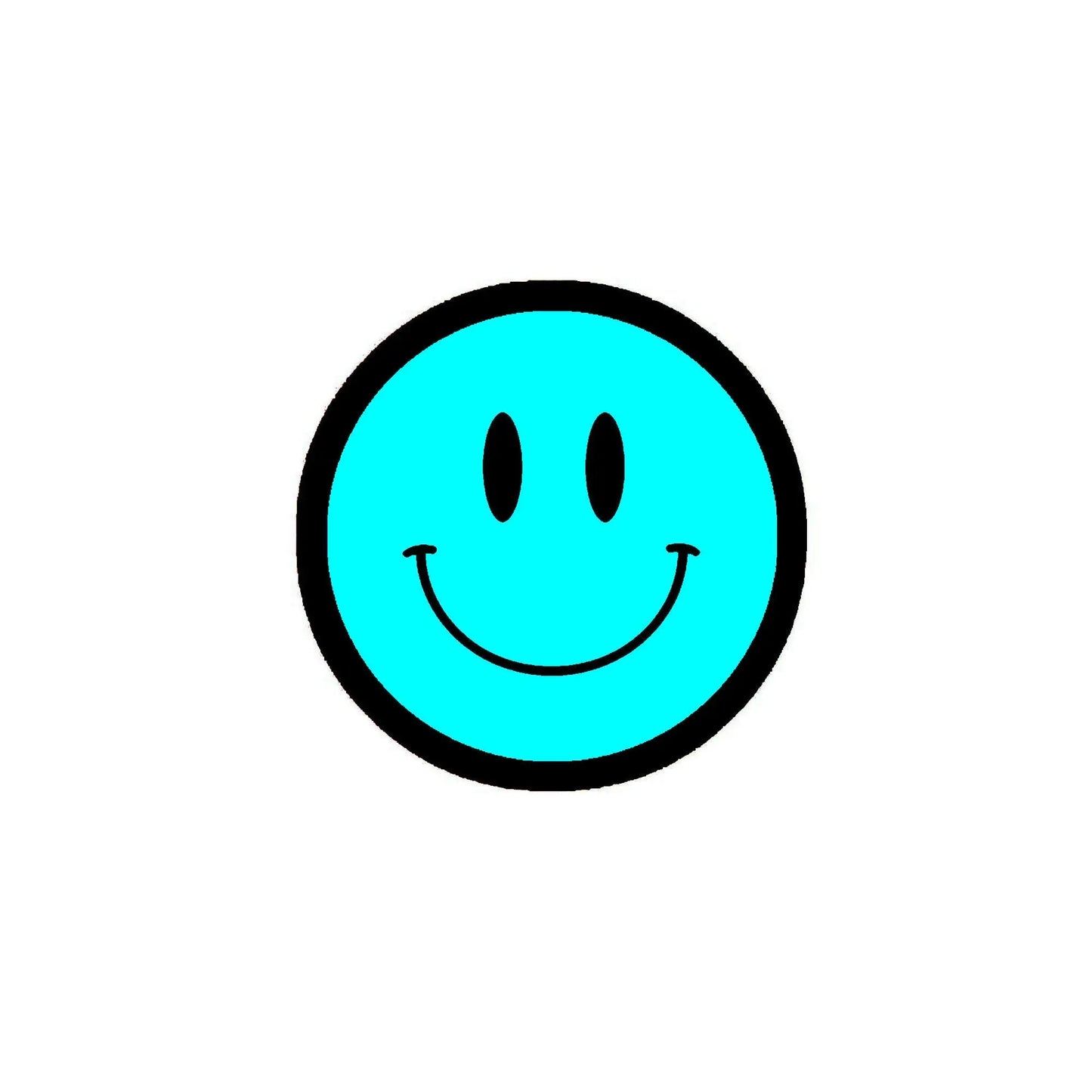 Aqua smile mini pinback button, round black-outlined face with smiling mouth