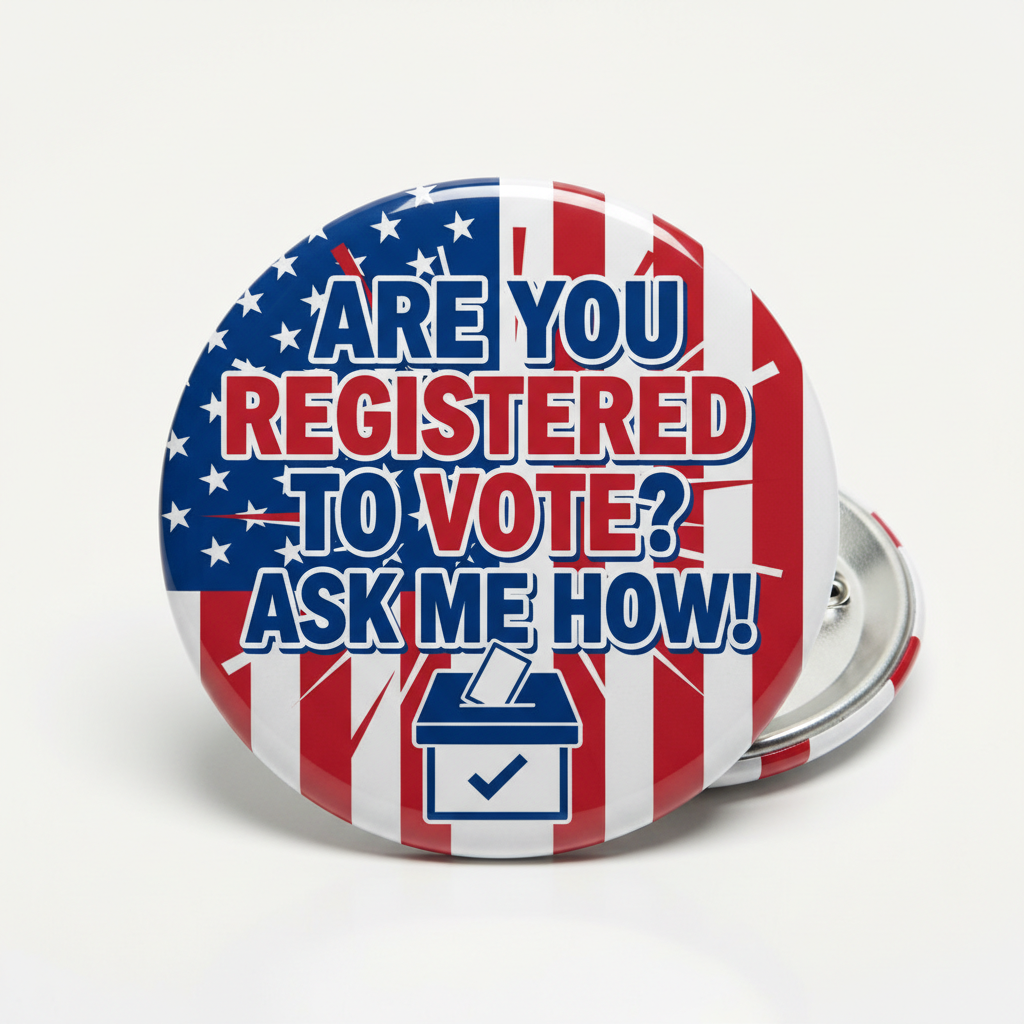 Round Pin Button with U.S. flag and text 'Are you registered to vote? Ask me how!'