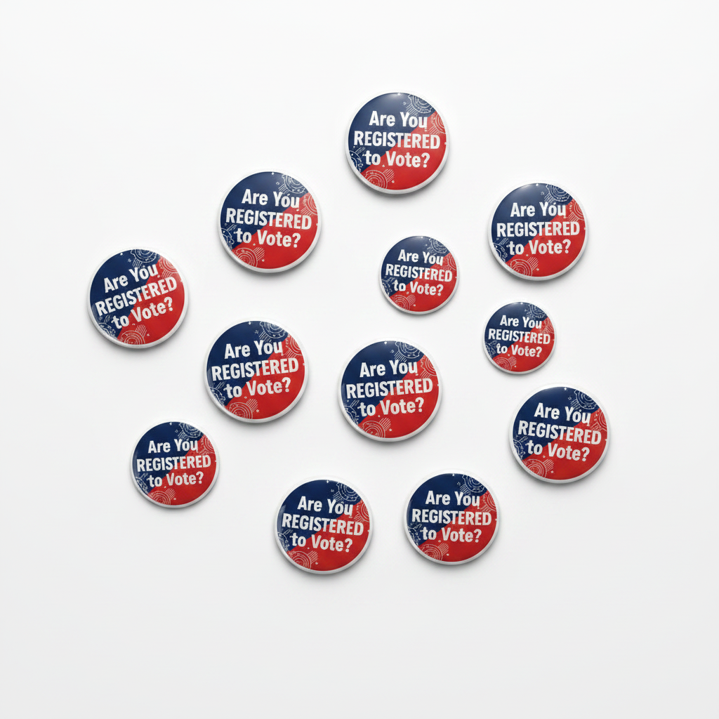 Set of round pinback buttons with blue/red stars, reading "Are You REGISTERED to Vote?"