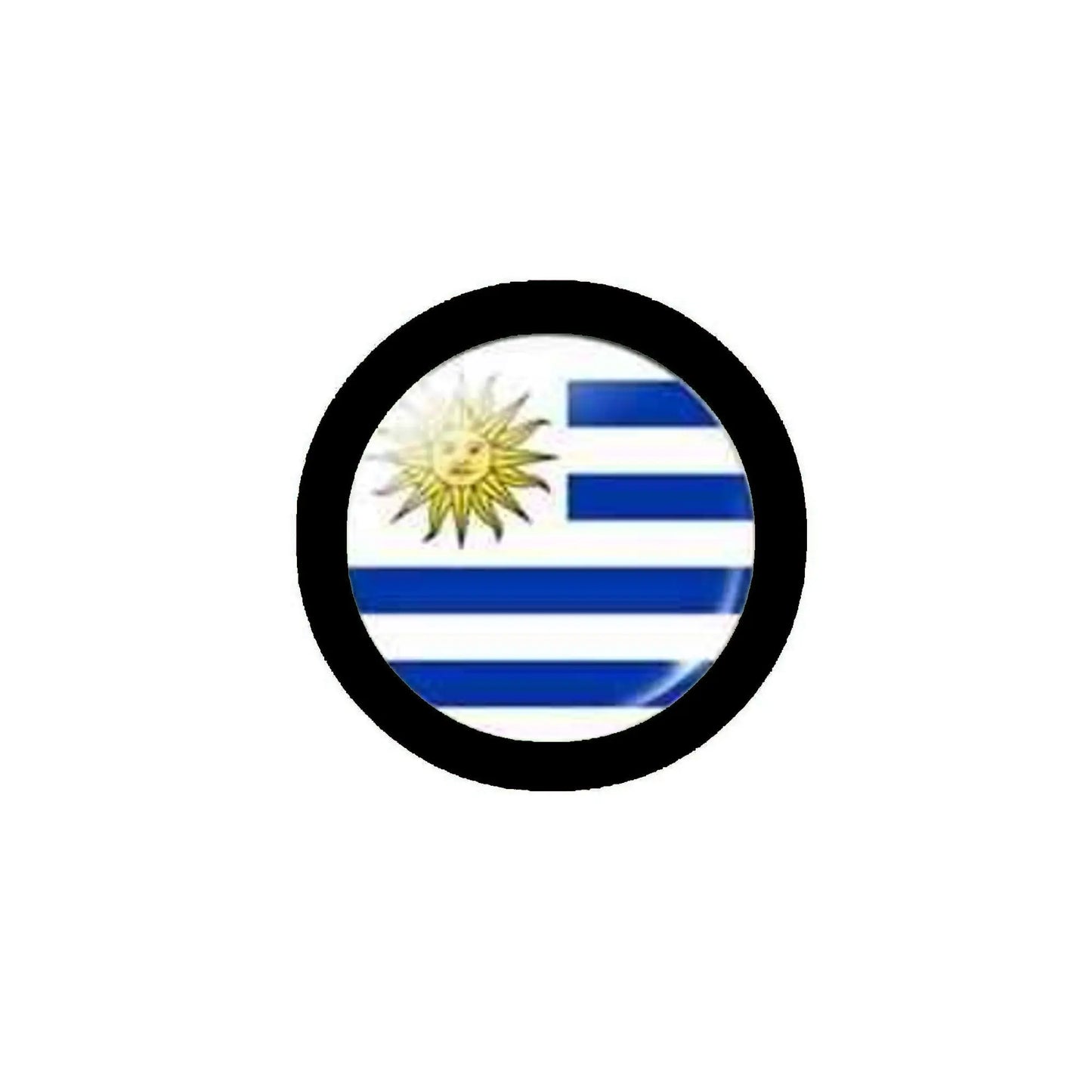 Uruguay flag pinback, circular black border with blue-white stripes and sun