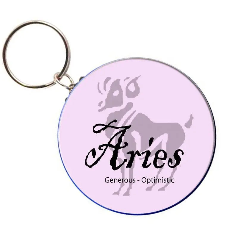 Aries zodiac bottle opener keychain with round purple charm, Aries graphic and text