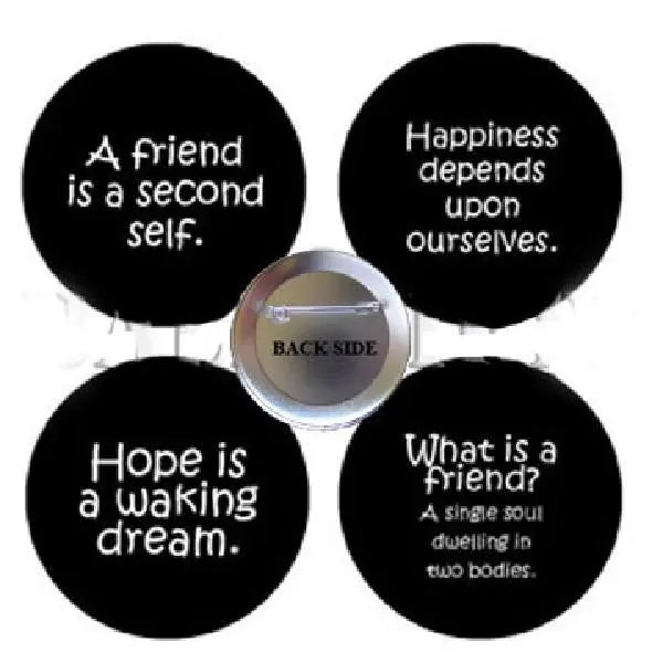 Set of 4 black pinback buttons with white philosopher quote text, including back-side view