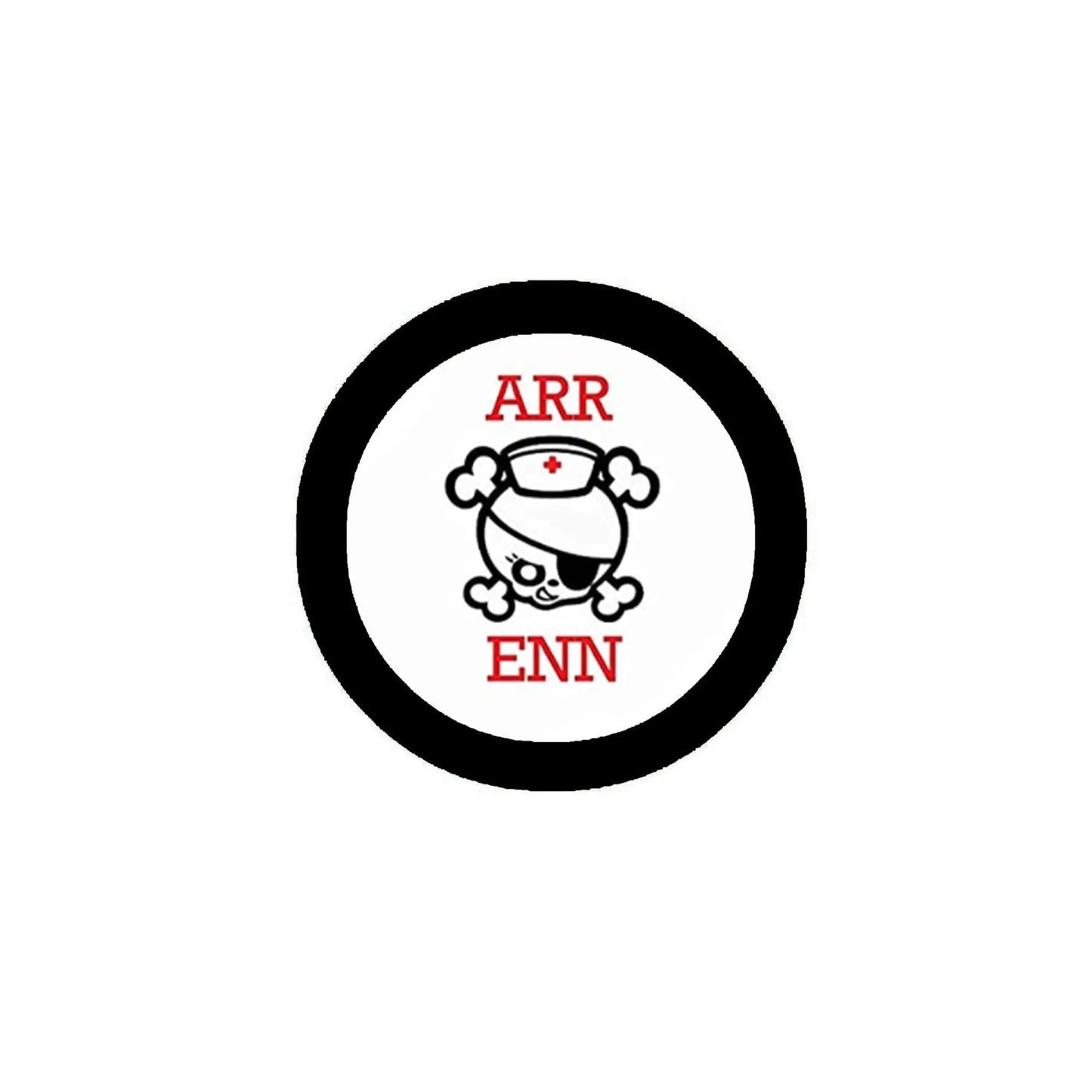 Round pirate pinback button with black rim, white center, red ARR/ENN text and cartoon pirate