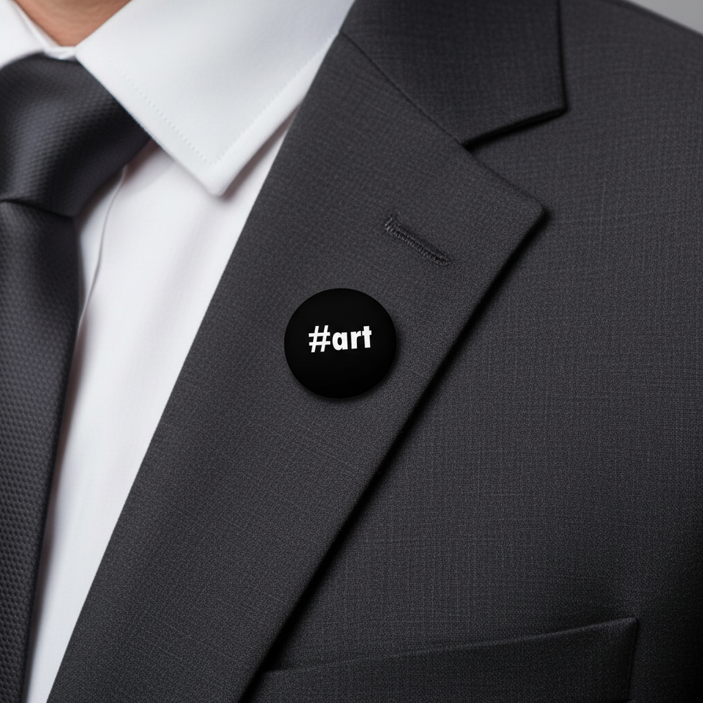 Black pinback button with #art text clipped to a suit lapel