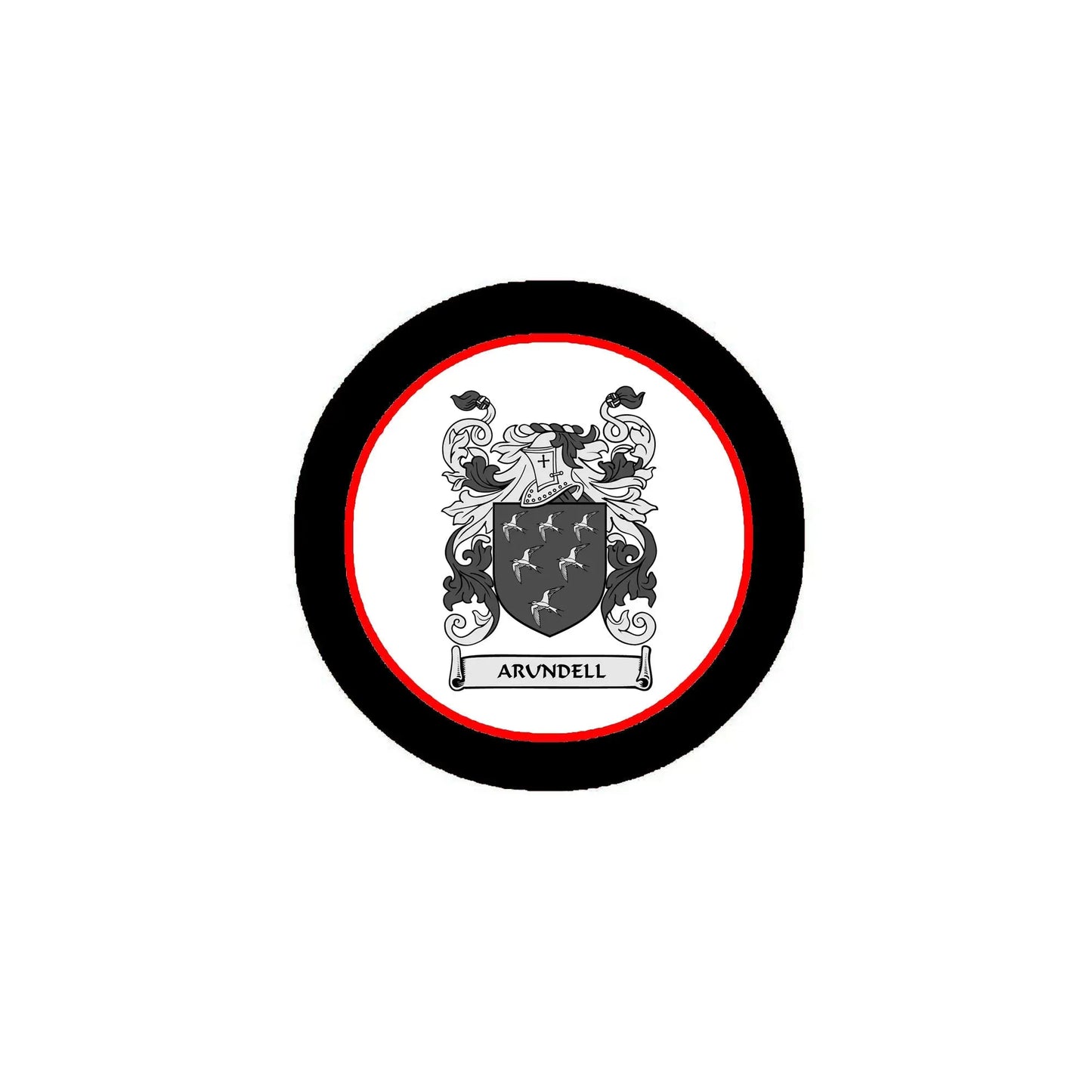 3-inch round coat of arms pinback with black rim and Arundell crest, red and white center