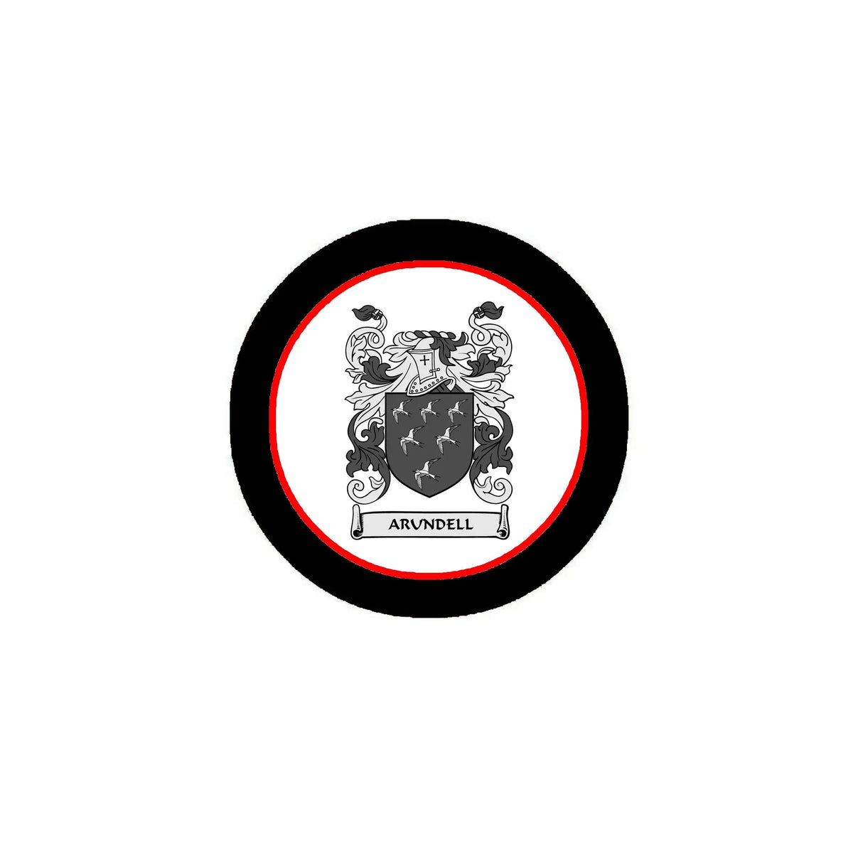 Round black-framed family crest arms magnet with gray shield and red border