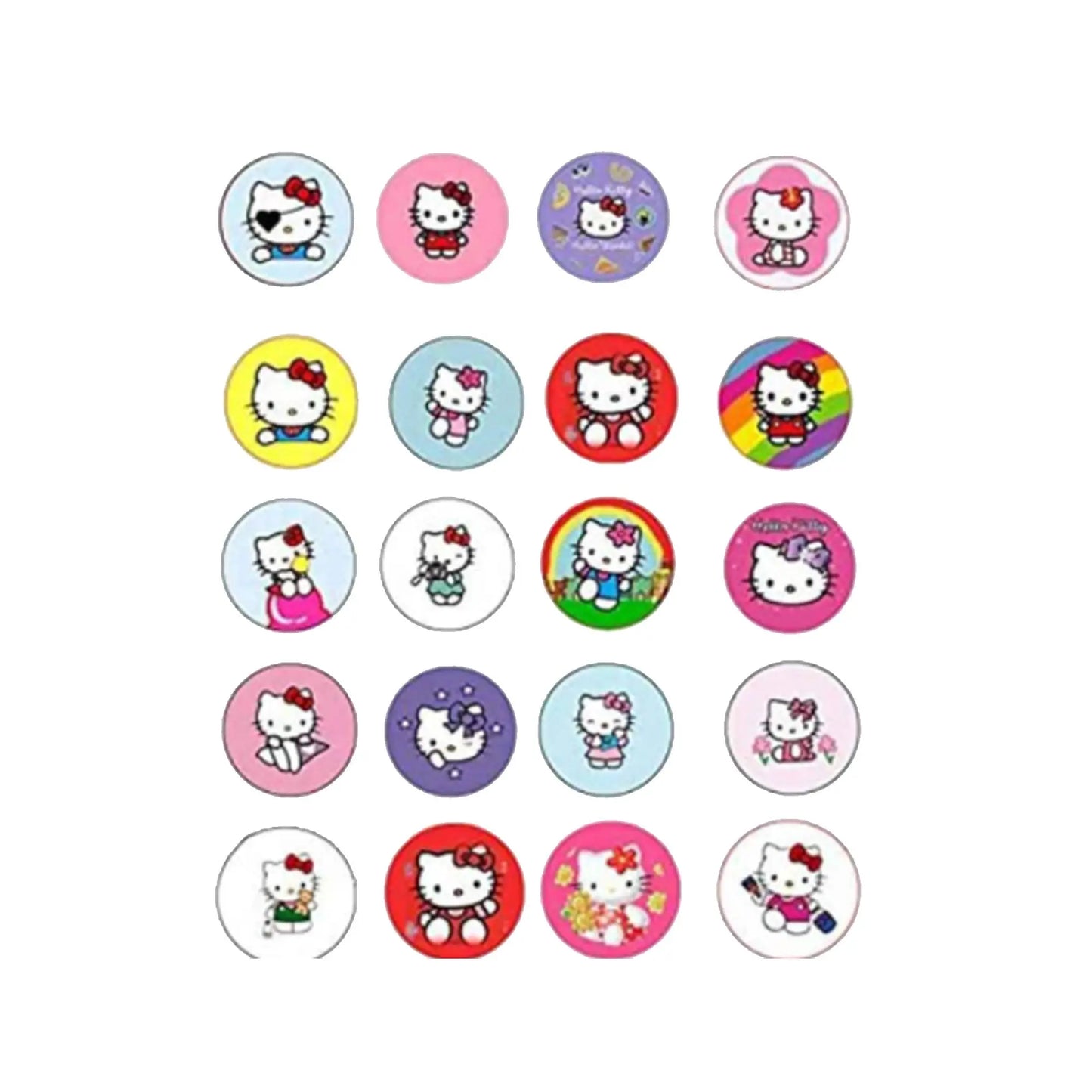 Assorted Hello Kitty pinback buttons, round enamel-style designs in mixed colors