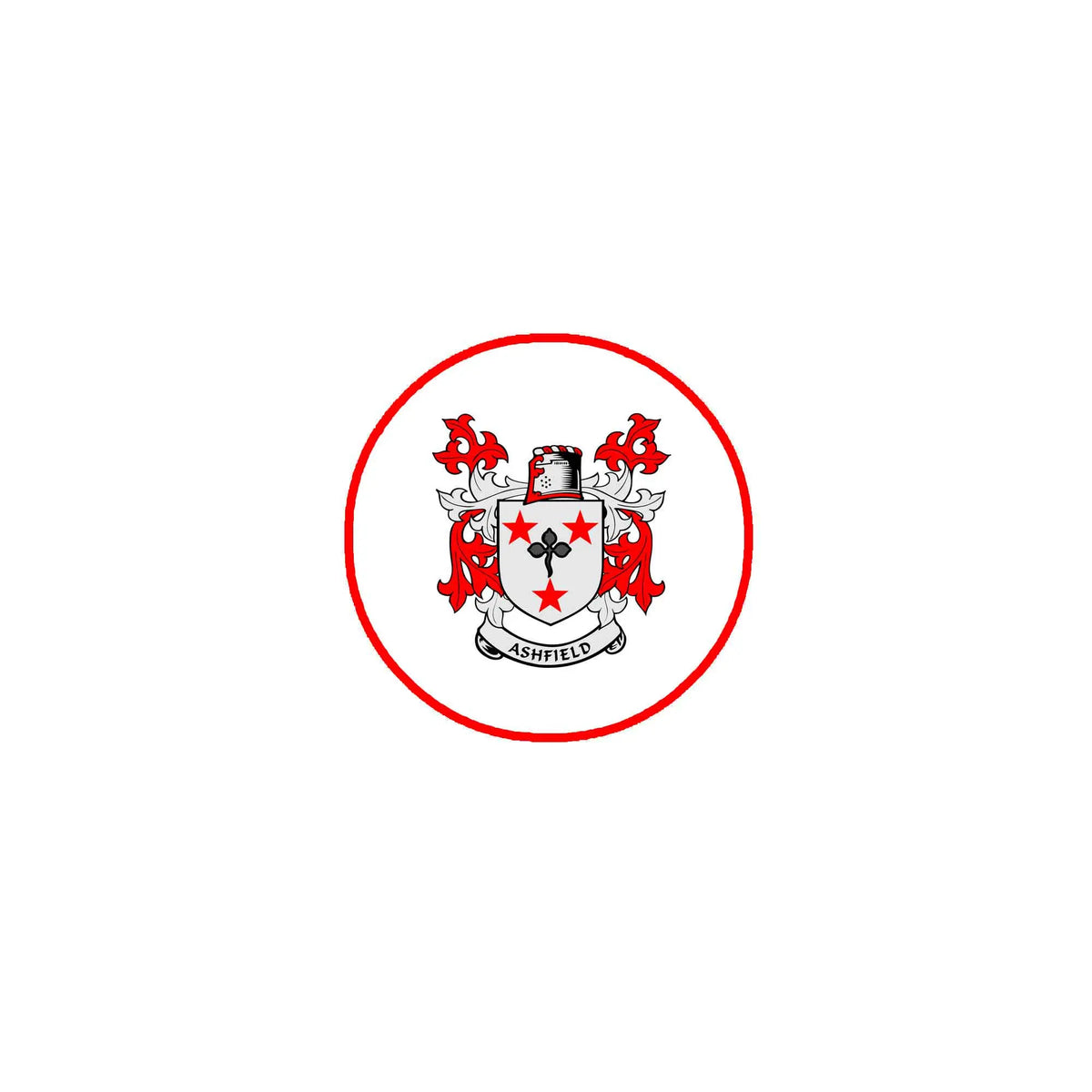 Round family crest arms magnet with red-and-white Ashfield coat of arms emblem