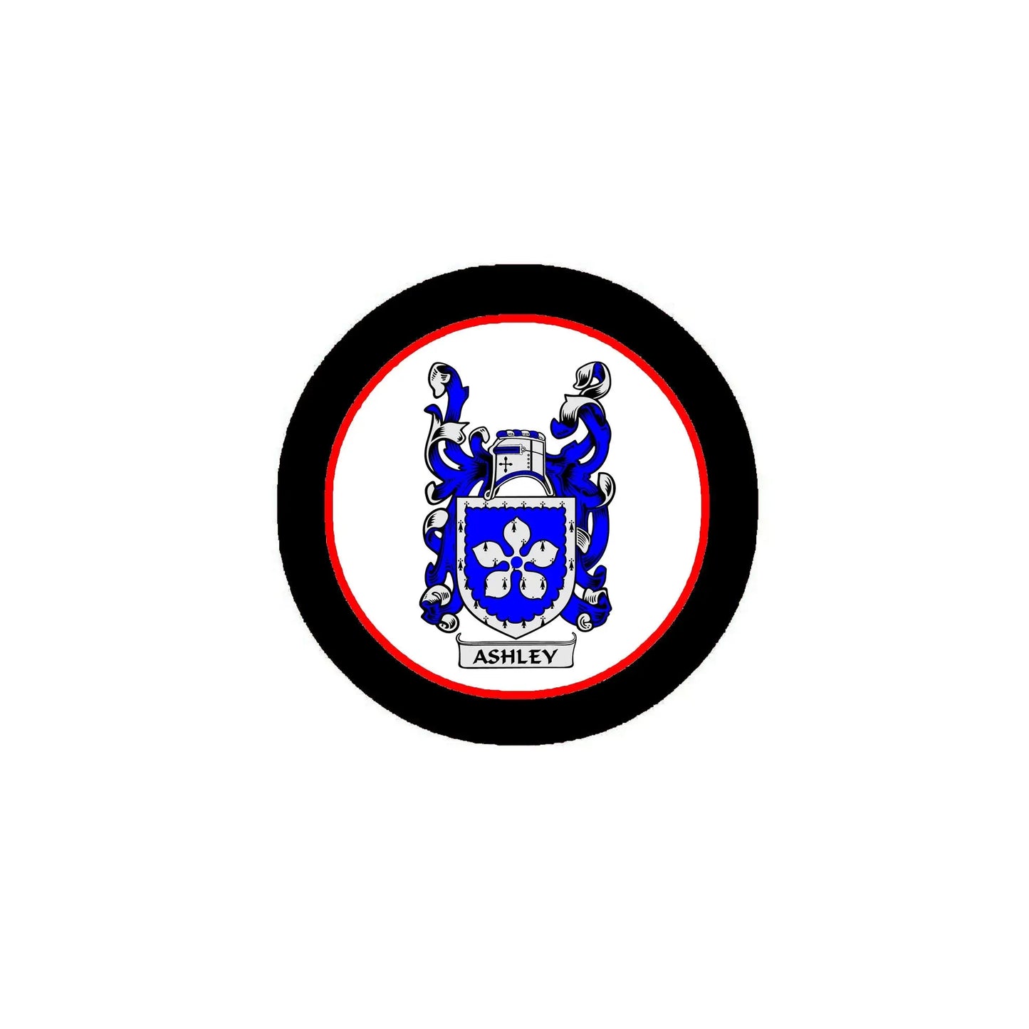 Circular family crest pinback with black edge, red border, blue shield emblem, Ashley text