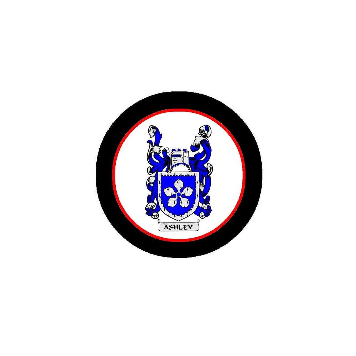 Round black coat of arms arms magnet with blue crest and red ring, labeled ASHLEY