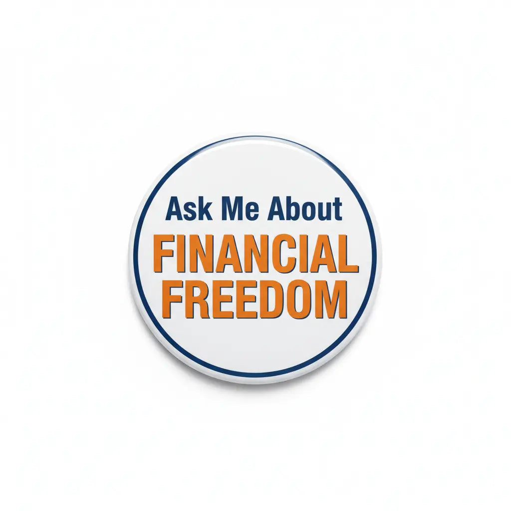 2.25-inch round pinback button with “Ask Me About FINANCIAL FREEDOM” text, blue and orange