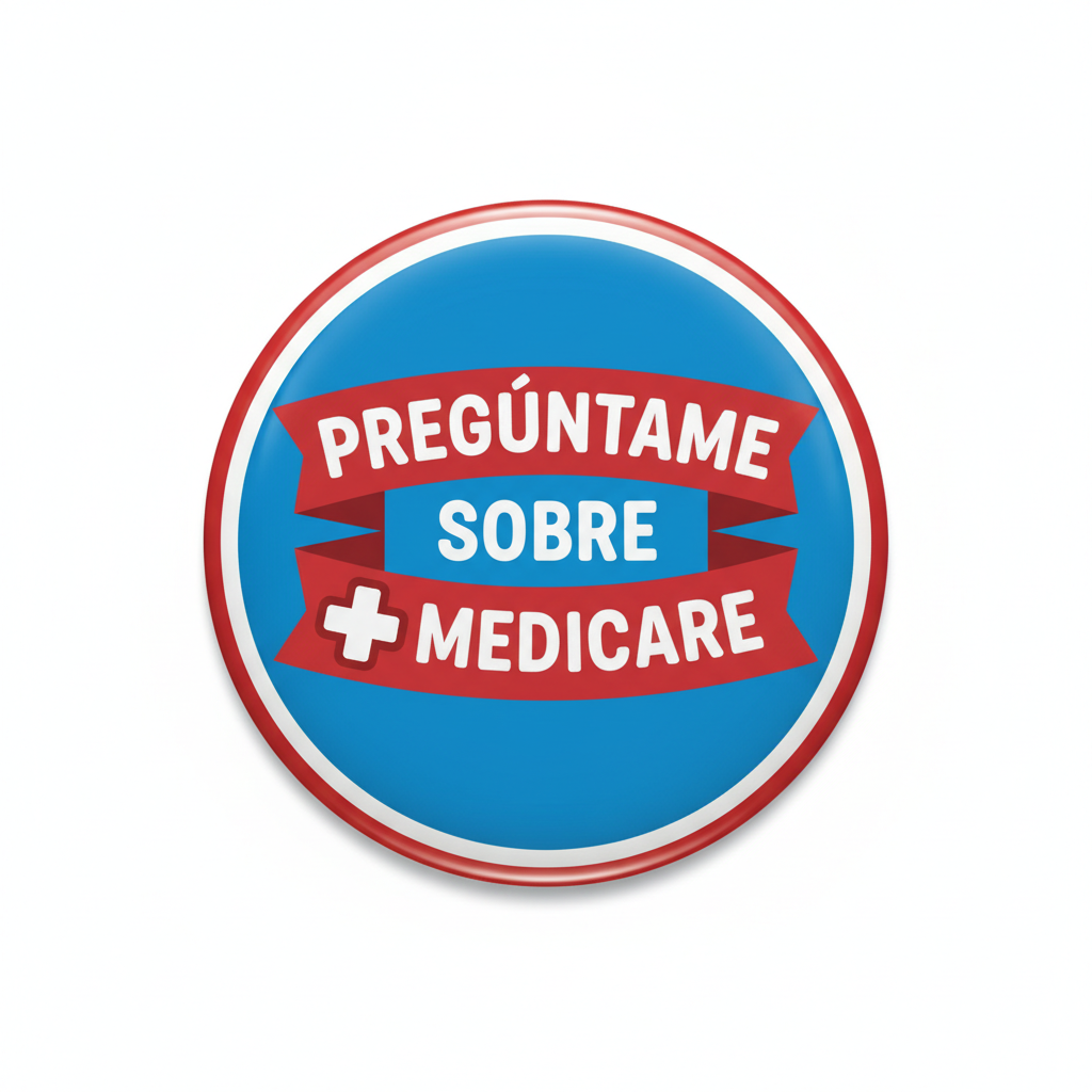 2.25-inch round Pin Button with blue center, red border, Spanish Medicare message and cross