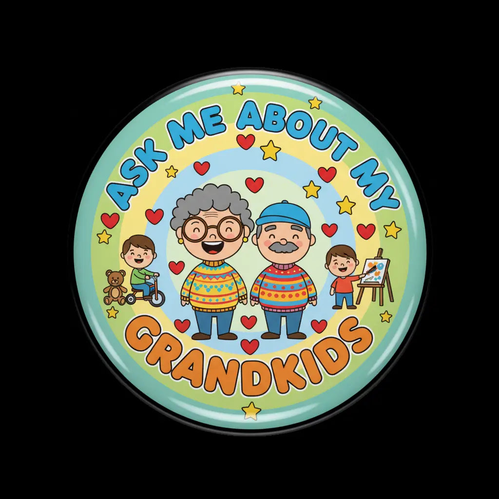 Round pinback button with cartoon kids and text 'Ask Me About My Grandkids'