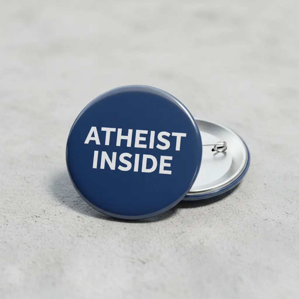 Atheist Inside round blue pinback button with silver clasp and bold white text