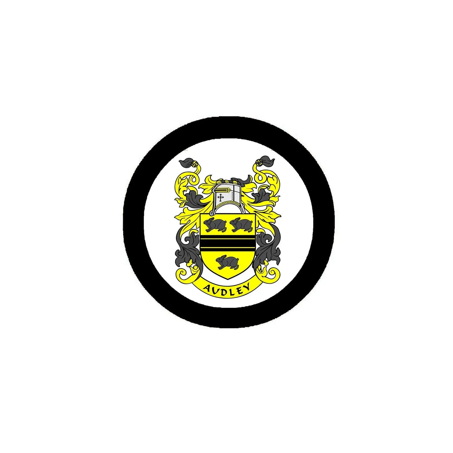 Round family crest pinback badge with black rim and yellow-blue coat of arms, AUDLEY