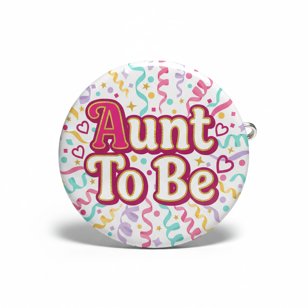 2.25-inch round Aunt To Be Pin Button with colorful confetti border