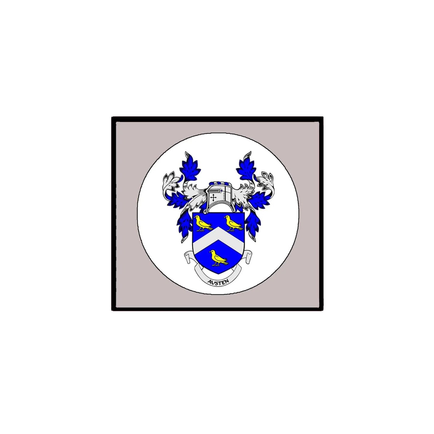 Ausen family crest arms magnet, square design with blue shield and wreath