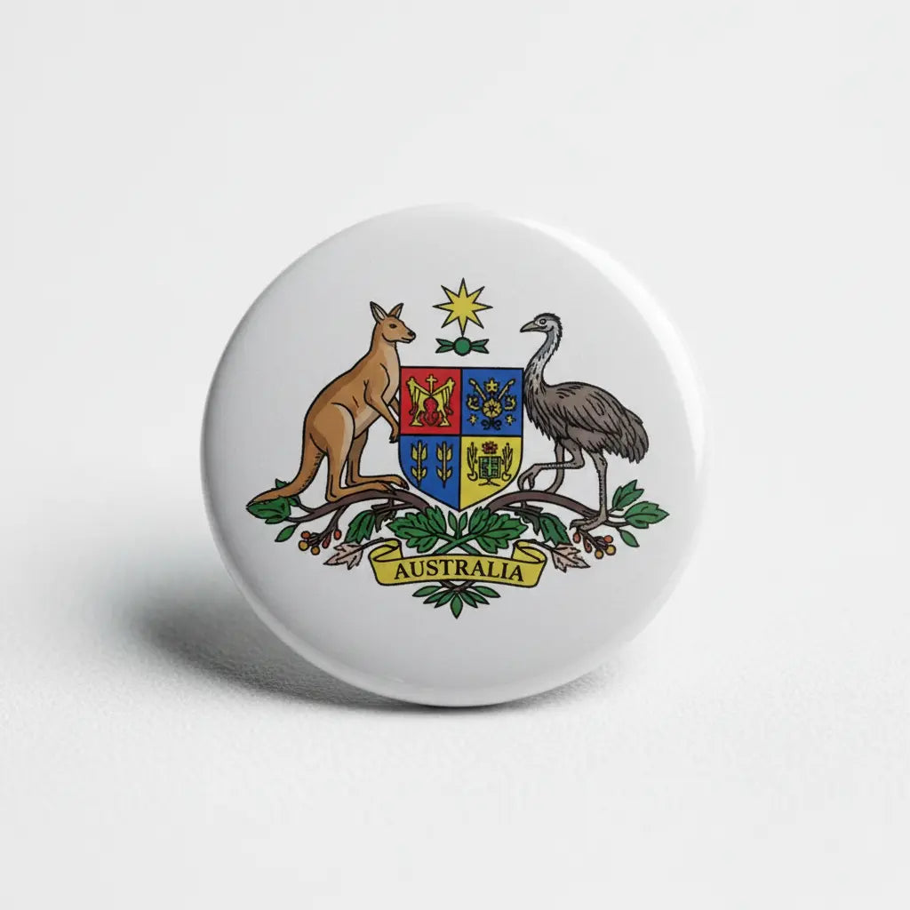 Australia crest flag pinback button, round white with colorful coat of arms and 'AUSTRALIA'.