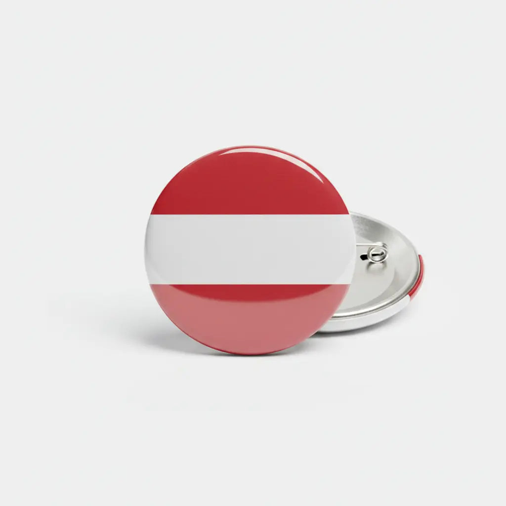 Round Austria flag enamel pin badge with red-white-red stripes and metal pin back