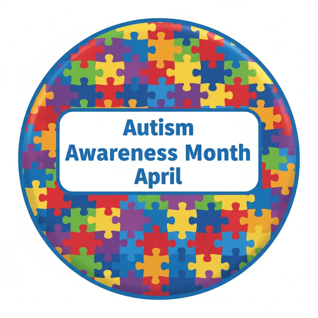 Autism awareness month April pinback button with colorful puzzle piece design