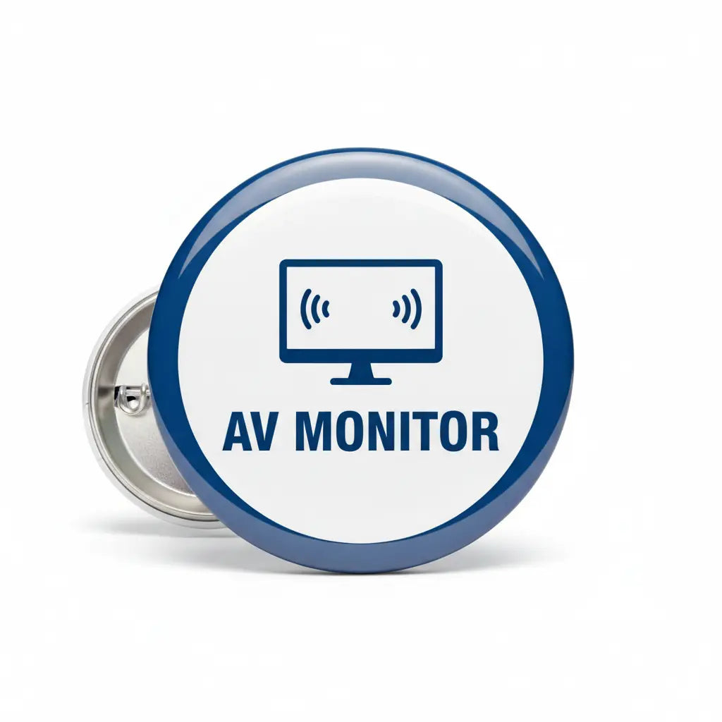 Round AV Monitor pinback button with blue rim, white face, monitor icon and text