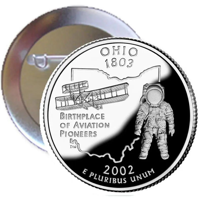 Ohio State 2002 mint pinback button with astronaut and “Birthplace of Aviation Pioneers” design