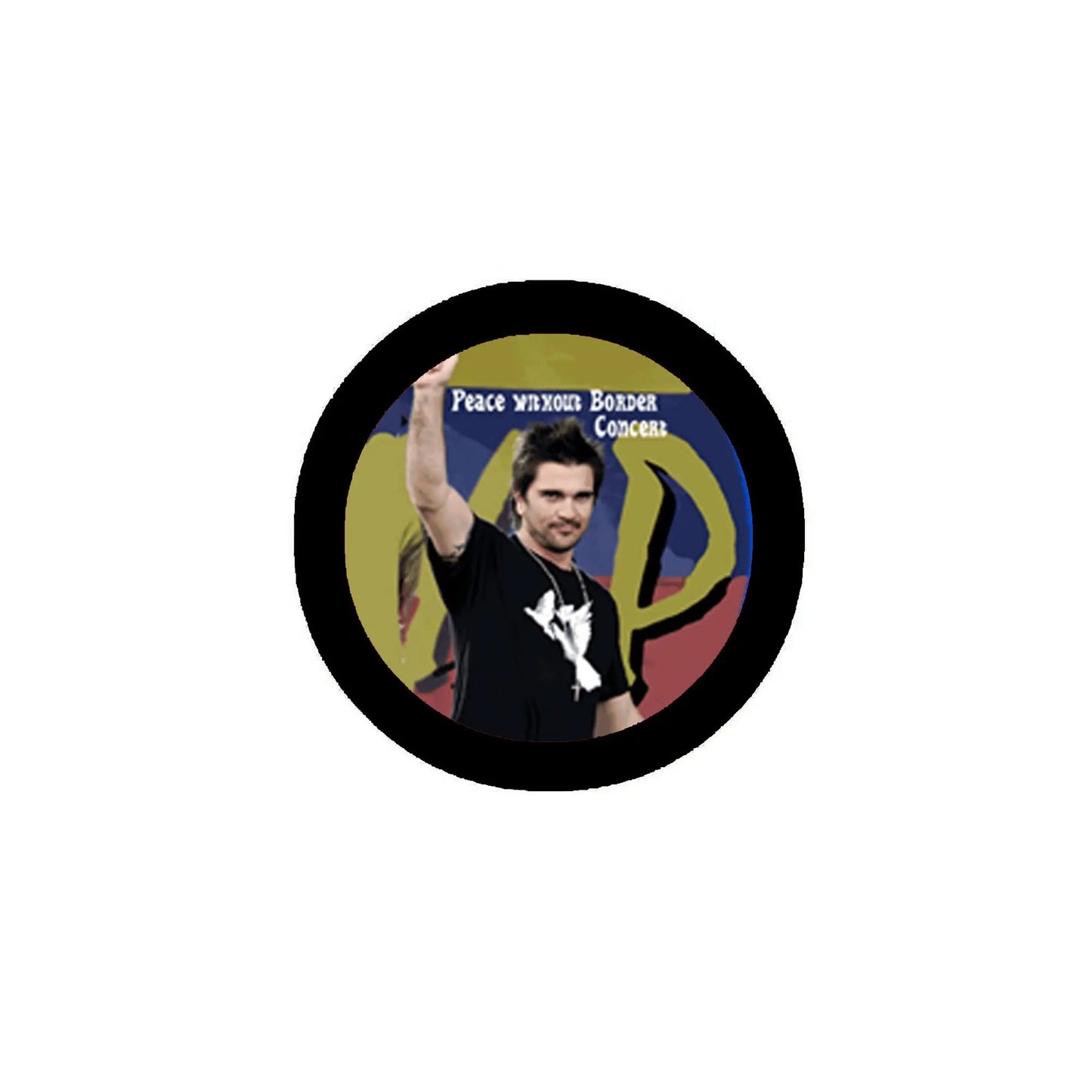 2.25-inch pinback badge with black rim and colorful Peace without Border Concert graphic