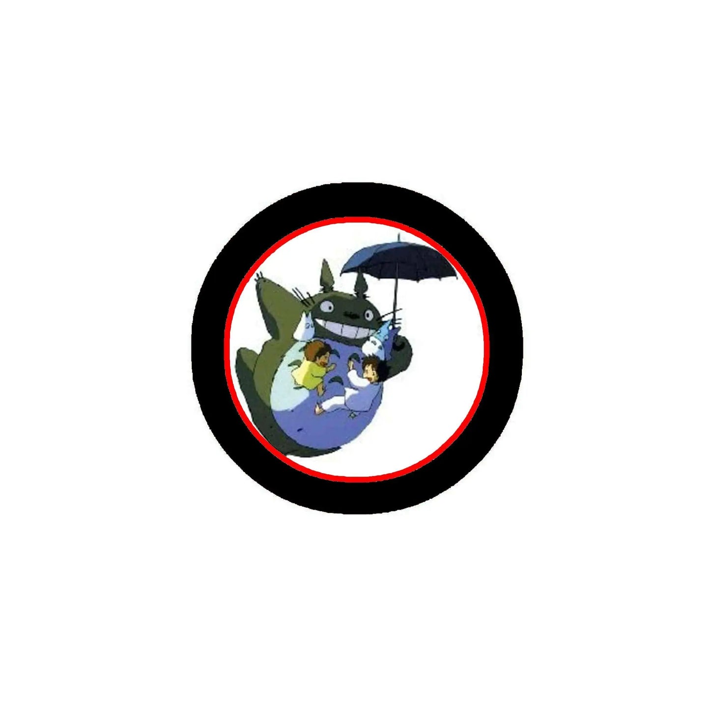 Round enamel pin badge with Totoro holding umbrella illustration, black border.
