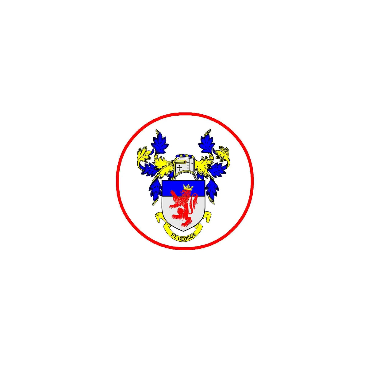 Round coat of arms magnet with red border and blue-and-red shield crest