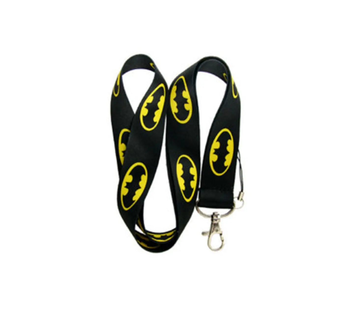 Black lanyard keychain holder with yellow bat emblem pattern and metal key ring clip