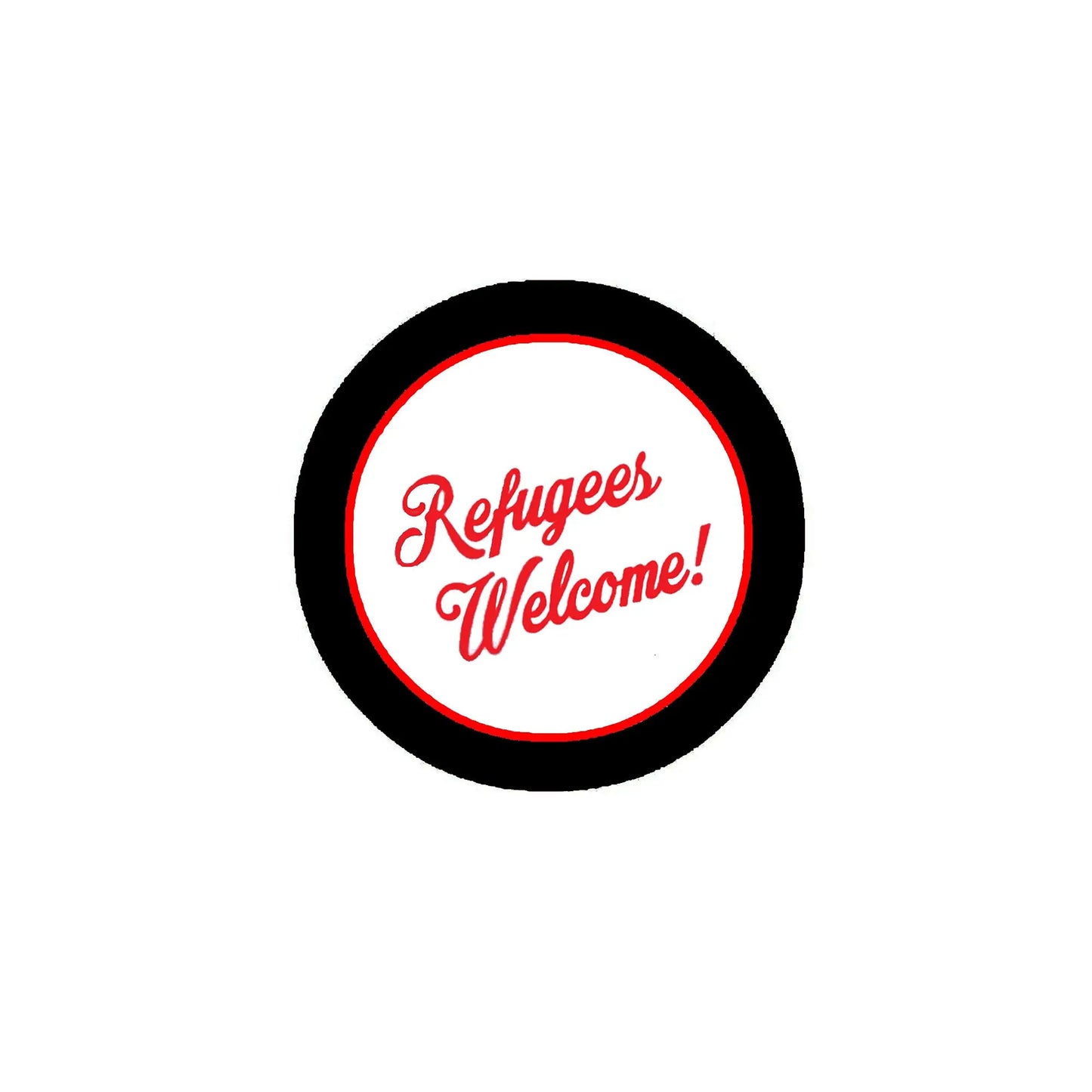 2.25-inch round pinback button with “Refugees Welcome!” in red on white