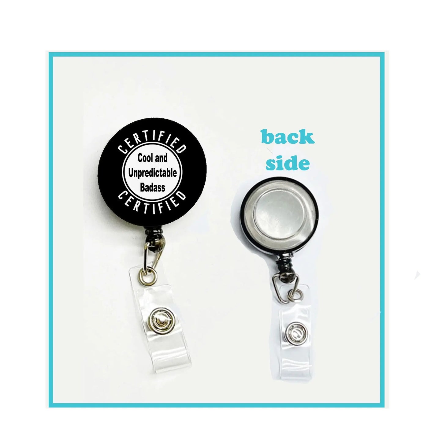 1.45-inch retractable badge reels with clear badge holders and metal clips, black back buttons
